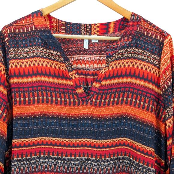 Cato Chiffon High Low Tunic Top Blouse Boho Southwestern Aztec Desertcore Red M - Picture 2 of 12